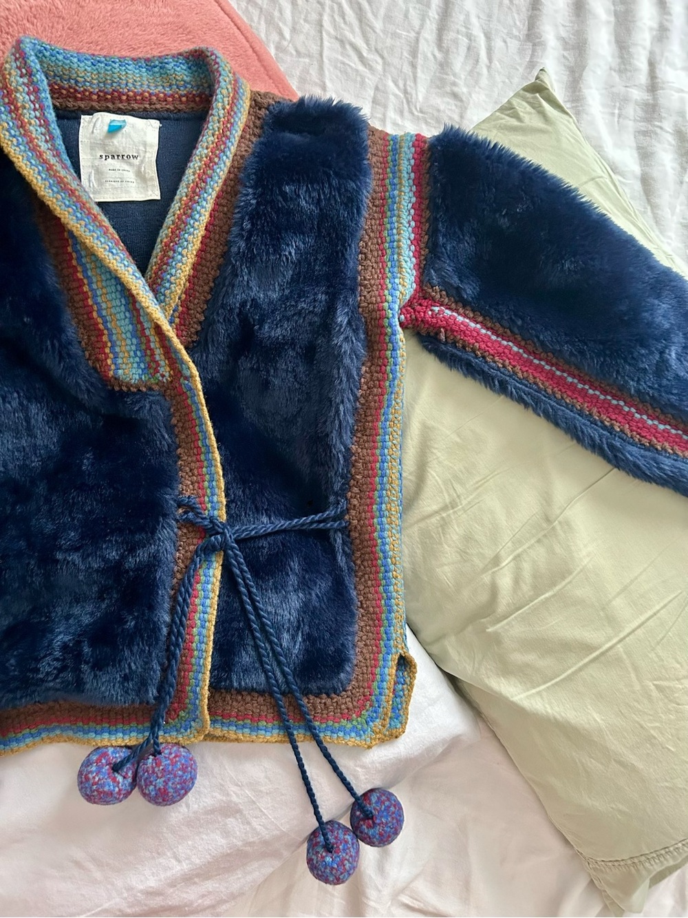 Anthropologie Sparrow women’s Navy Faux-Fur Jacket with Rainbow Trim